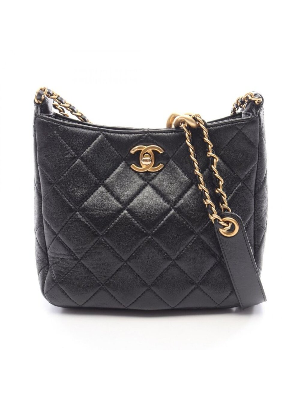 Chanel Shoulder Bag Quilted Small Hobo Black Lambskin Chain